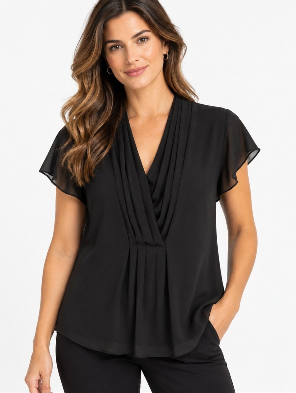 Calvin Klein Black Draped Pleated Short Sleeve Blouse XL